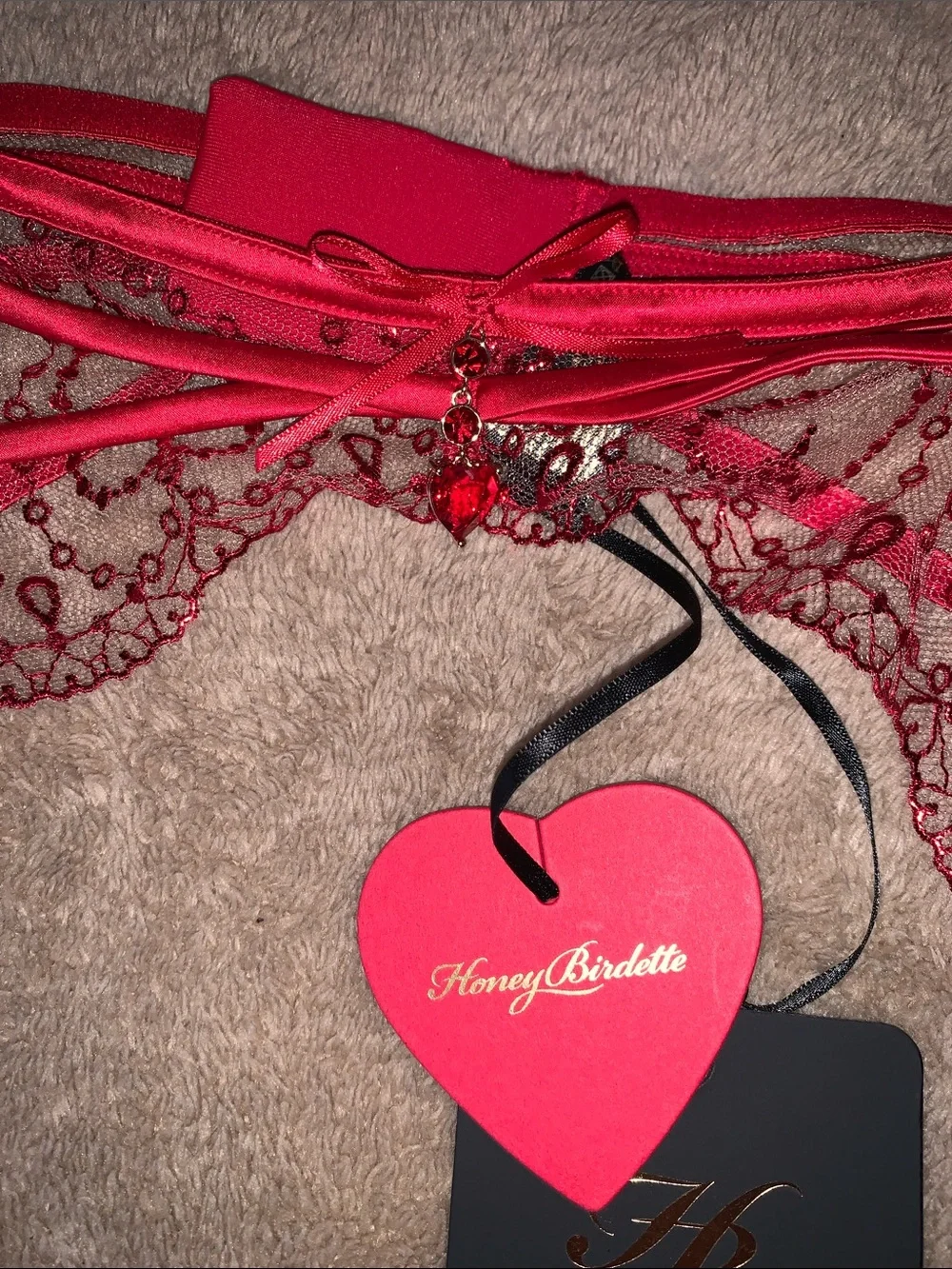 Honey Birdette “Adora” Heart-Embroidered Red Lace Bra, Garter & Thong Set